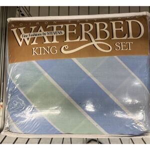 NOS Vintage 1980s King Waterbed Sheet Set Blue Green Geometric Stripes
